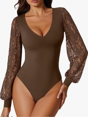 Lace-Sleeve V-Neck Bodysuit in Brown